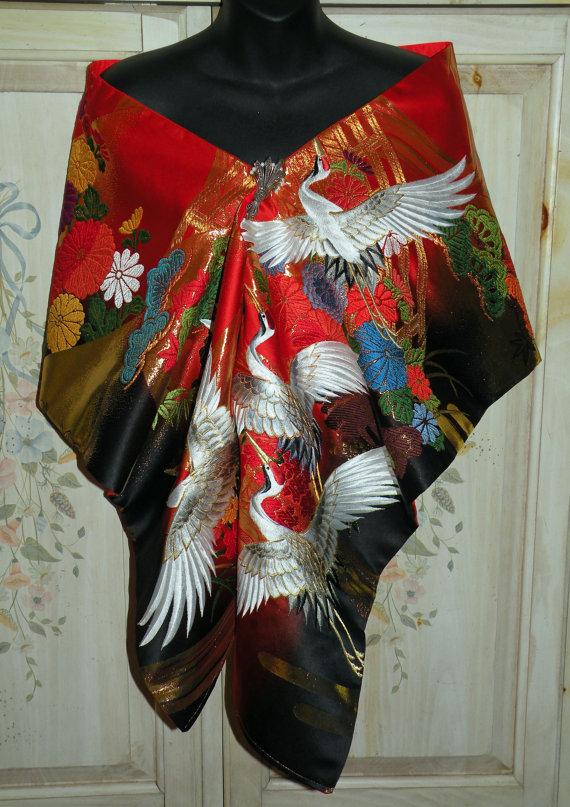 زفاف - Wedding/Bridal Silk Kimono Fabric Wrap/Shawl/Shrug..Embroidered Flying Cranes..Red/Gold/Ivory/Black/Silver..Cherry Blossom..Clutch/Purse