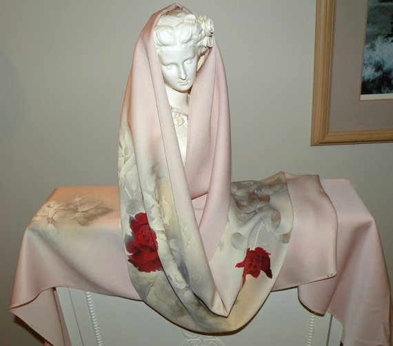 Wedding - Silk Kimono Fabric Wrap/Shawl/Scarf/Shrug..Painted Florals/Roses/Ladybug..Bridal/Wedding..Pink/Grey/Ivory/Rose/Clutch to match..OOAK