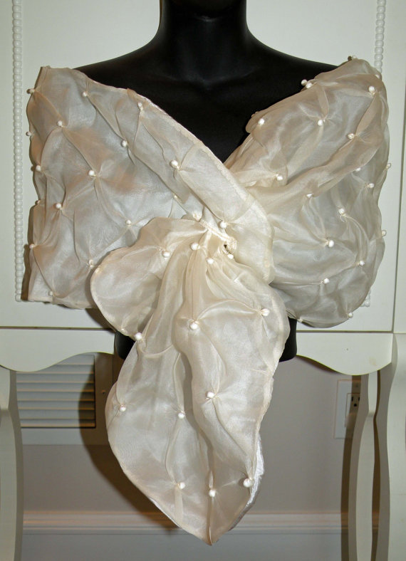Mariage - Silk Organza Fabric Pearls Shrug/Wrap/Shawl/Bolero..Bridal/Wedding Gift..Hands Free..Ivory/Black..Clutch to match..Evening Wear