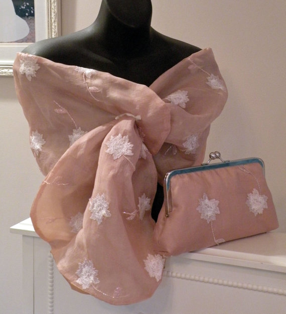 Wedding - Silk Organza Wrap/Shawl/Shrug..Embroidered floral with beads..Bridal Pink/Ivory Pull Thru Hands Free..Clutch/Wristlet to match..Gold.Evening