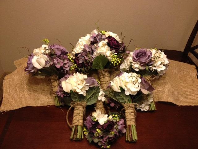 Mariage - Real Touch Wedding Flower Package with Eggplant Ranunculus, Lavender Roses, Ivory Roses, Hydrangeas, Peonies and grapvine