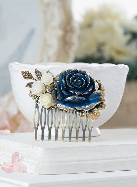 Hochzeit - Something Blue Wedding Hair Comb Gold Navy Dark Blue Ivory Rose Flower Leaf Branch Bridal Hair Comb Victorian Shabby Country Chic Goth Hair