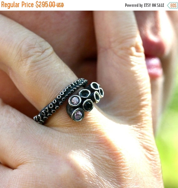 Wedding - Sale Octopus ring sterling silver tentacle rings tentacle adjustable ring design by Zulasurfing with 2 pink sapphires and a black diamond