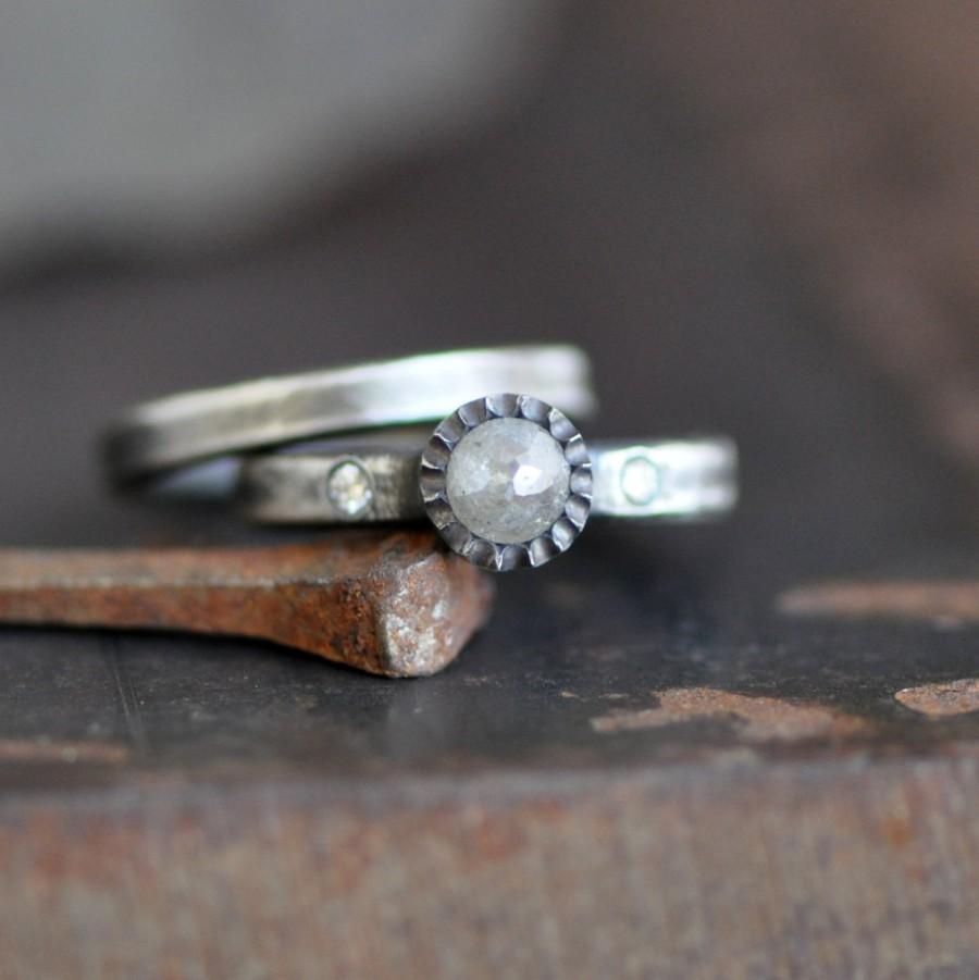 Wedding - rose cut diamond ring set in sterling silver with flush set diamond, darkened distressed silver, wedding set, April birthstone, size 5 1/2