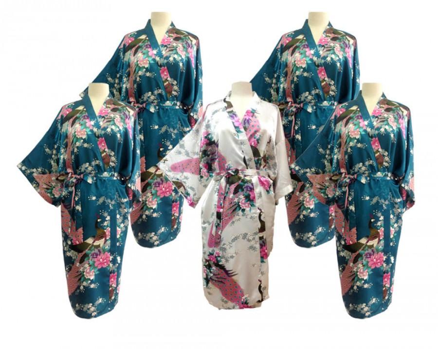 Hochzeit - On sale Set 5 Kimono Robes Bridesmaids Silk SatinTeal /White Colour Paint Peacock Desighn Pattern Gift Wedding dress for Party Free Size