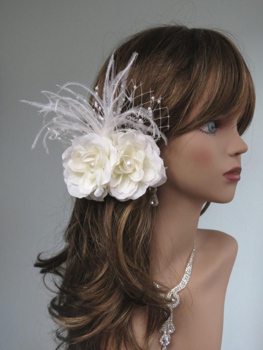 زفاف - Ivory Wedding Headpiece Fascinator Wedding Hair Clip  Wedding Accessory Feathers Pearls Vail