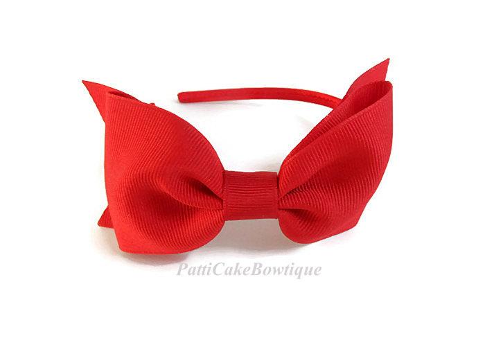 Wedding - Red Bow Headband, Red Christmas Headband, Girls Red Hair Accessories, Red Hard Headband w/ Grosgrain Red Hair Bow, Toddler Headband, 205