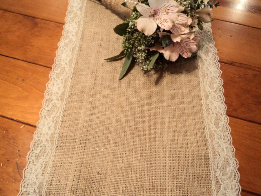 Hochzeit - Burlap and Lace Table Runner Shower Decorations Vintage Wedding Decor Custom Size Available Elegant and Romantic Style Wedding