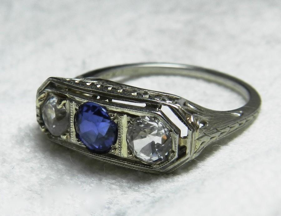 Mariage - Sapphire Ring Vintage Art Deco Sapphire Ring 1.5 Total Carats Three Ceylon Blue and White Sapphires  18k White Gold filigree setting