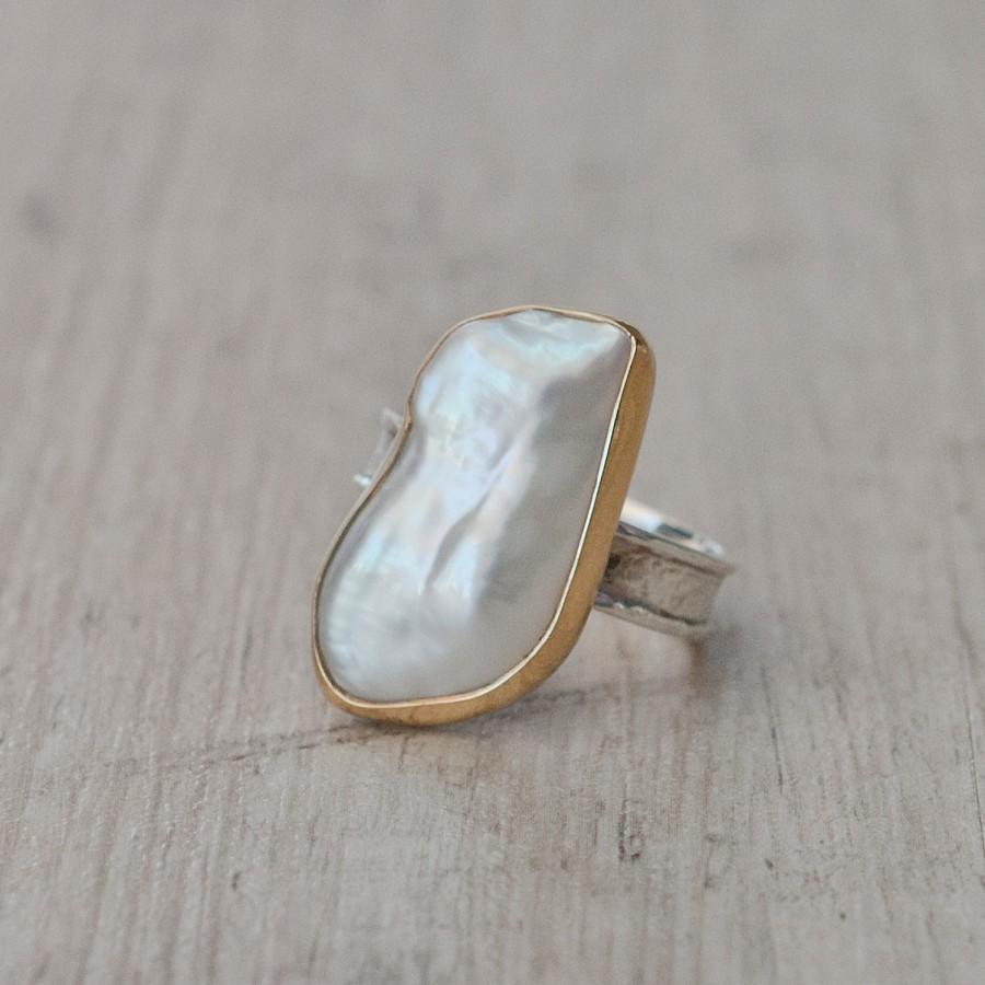 زفاف - Gold Pearl Ring, Pearl Engagement/Wedding Ring in 22 Karat Gold & Sterling Silver, One of a Kind Statement Ring, Size 8, Fine Pearl Jewelry