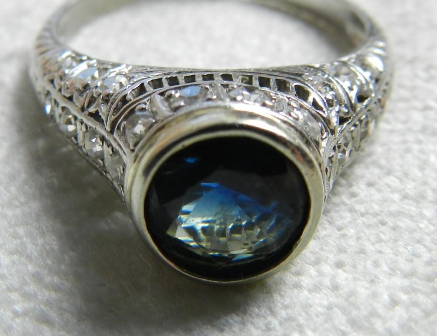 Hochzeit - Engagement Ring Platinum Art Deco Ring 1.5ct Natural Sapphire Edwardian Filigree setting 0.50 cttw Old European Cut Diamonds