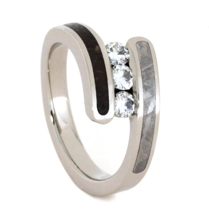 Hochzeit - Moissanite Engagement Ring with Meteorite & Dinosaur Bone