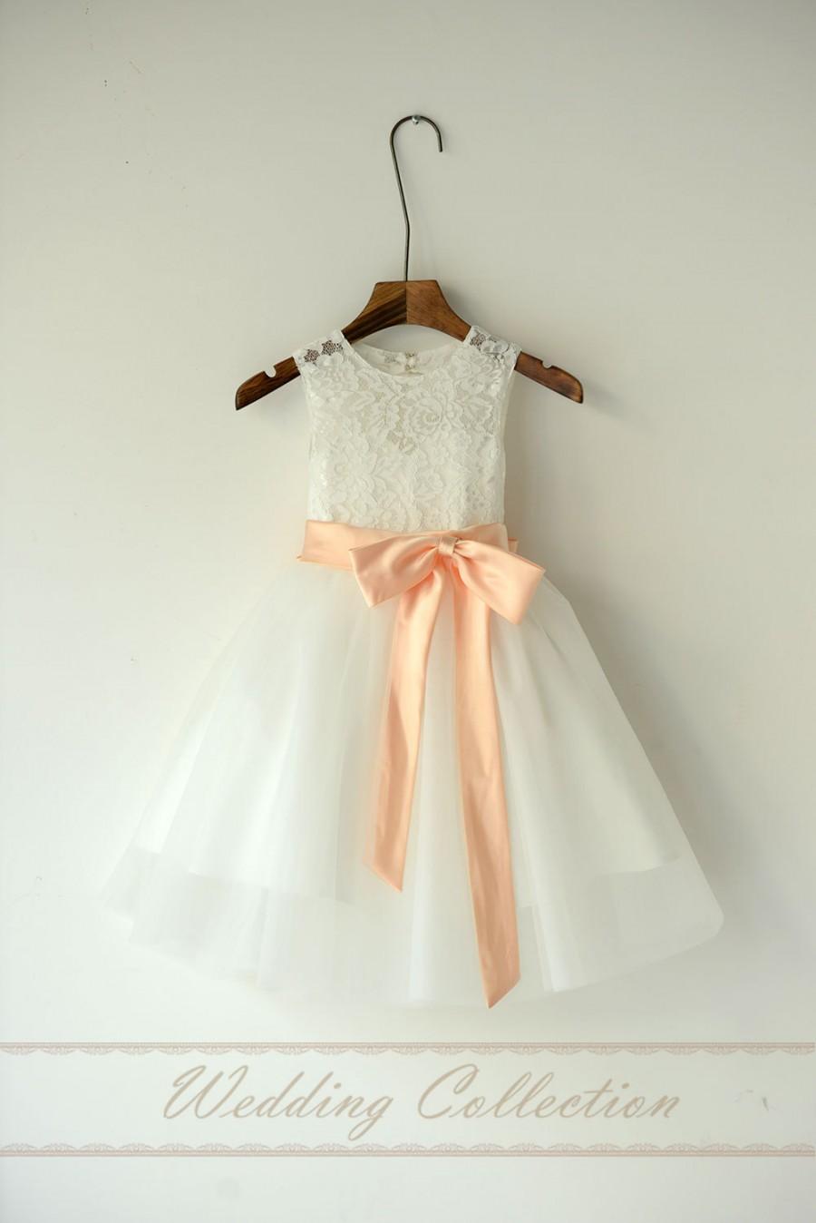 Свадьба - Ivory Lace Tulle Flower Girl Dress With Peach Sash and Bow