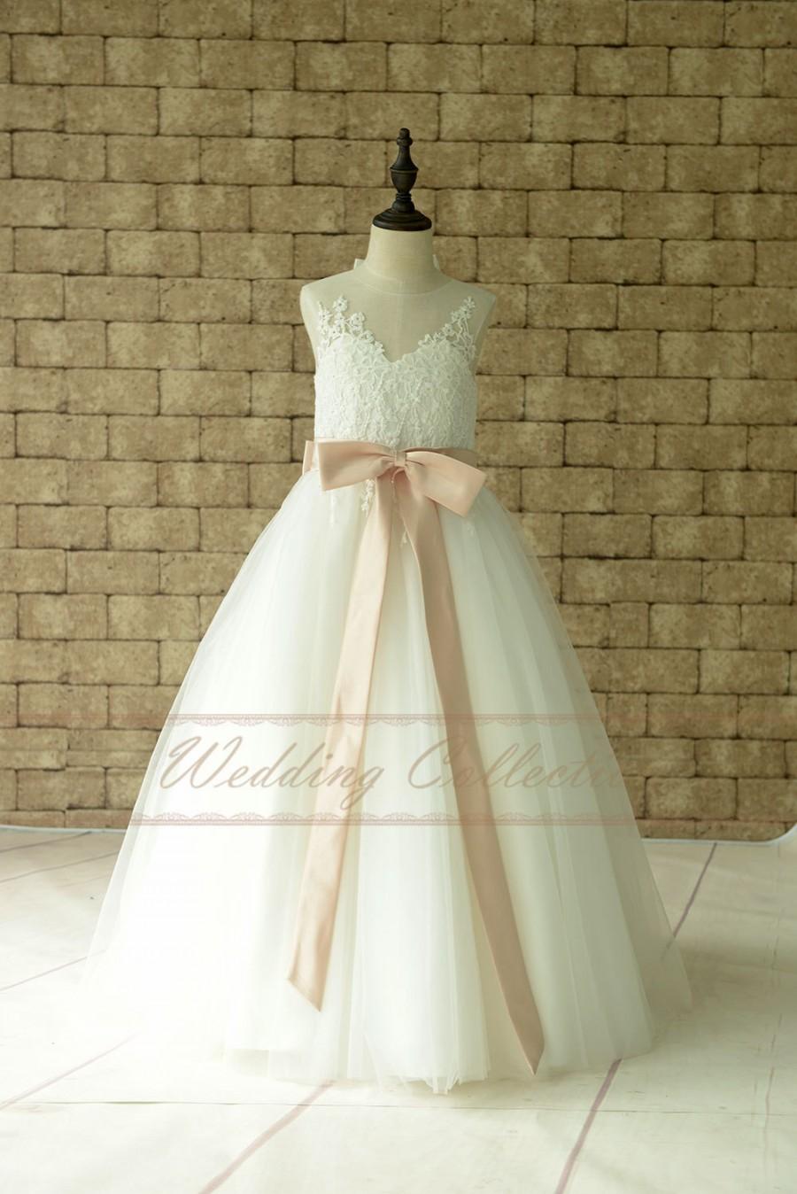 Wedding - Ivory Lace Flower Girl Dress Floor Length with Blush Sash and Bow