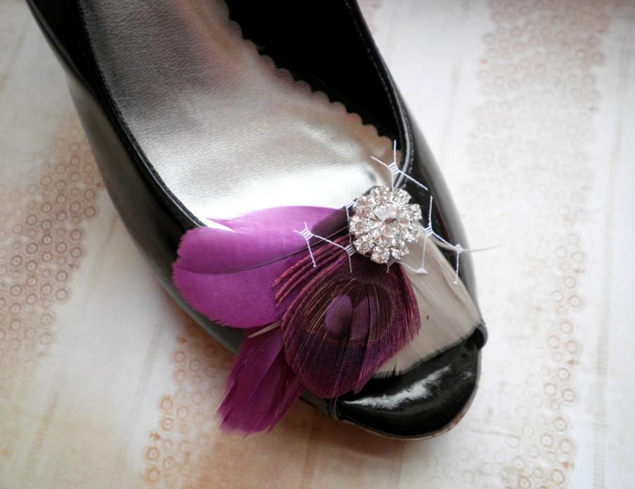 زفاف - Peacock Feather Shoe Clips, Bridal shoe clips, wedding accessory, peacock, purple, plum, accessories - PLUM LOVE Shoe Clips