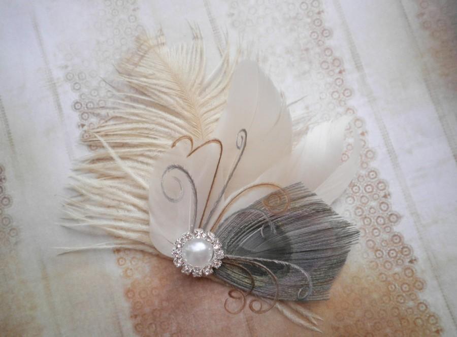 زفاف - Feather, weddings, Hair, Accessories, wedding, accessory, grey, bridal, clip, gray, peacock, ivory, brides - GRAY & IVORY Beauty