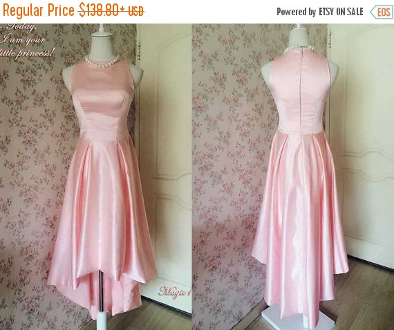 Hochzeit - Women Blush Pink Dress, High Low Long Party Dress, Taffeta  Dress, Jewel Neck Party Dress, Elegant Audrey Hepburn Dress, Pink Wedding Dress