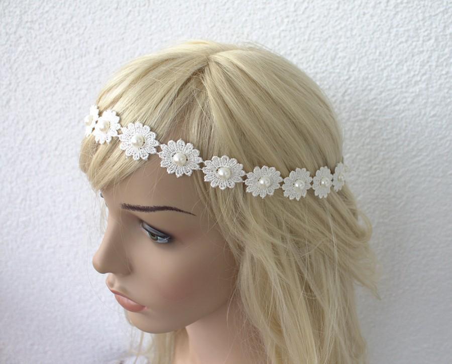 زفاف - Bridal Headband, Country Bride, Lace Ivory Wedding Head Piece, bridal Hair accessory, Hippie headband flowergirl