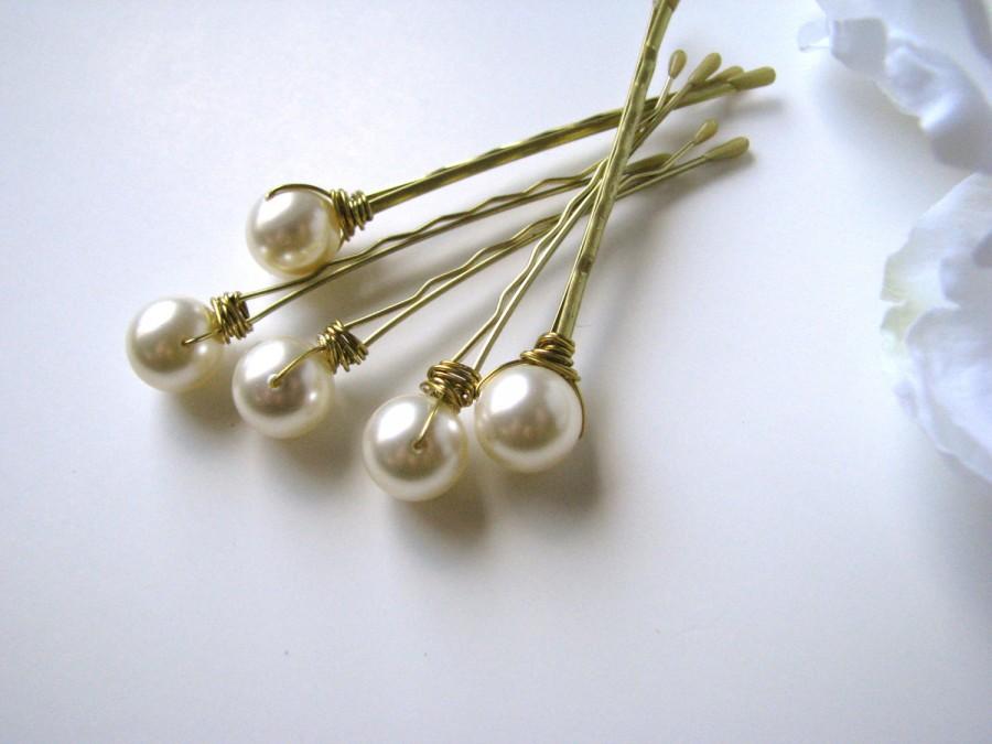 Mariage - Cream Ivory Pearl Hair Pin Set Swarovski 10mm