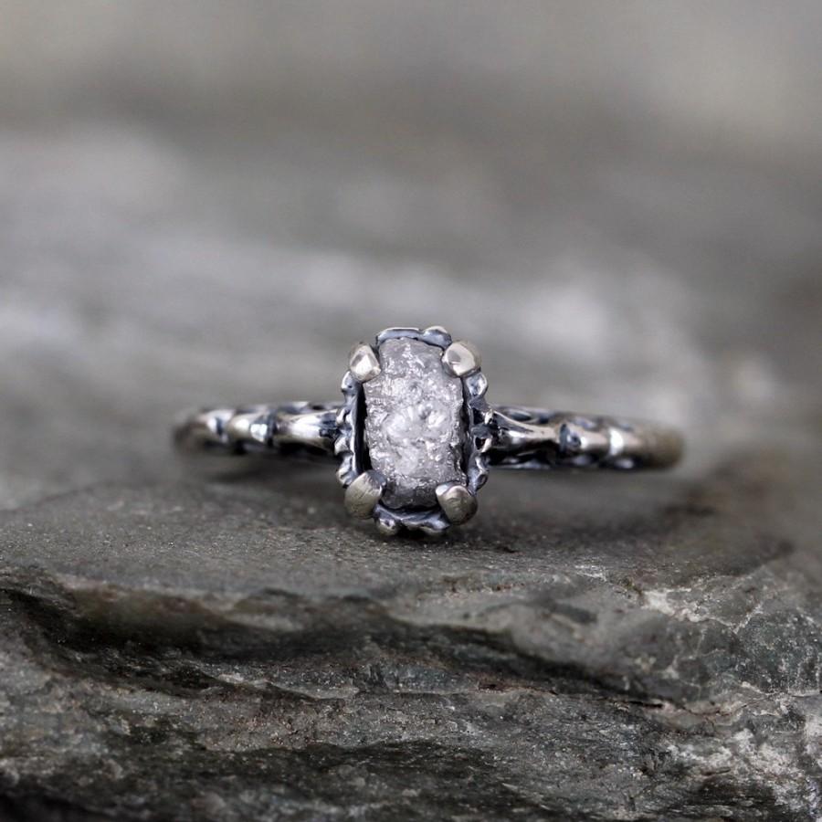 Wedding - Raw Diamond Ring - Sterling Silver Filigree Ring - Dark Patina - Antique Styled Engagement Ring - Rustic Gemstone Ring - April Birthstone