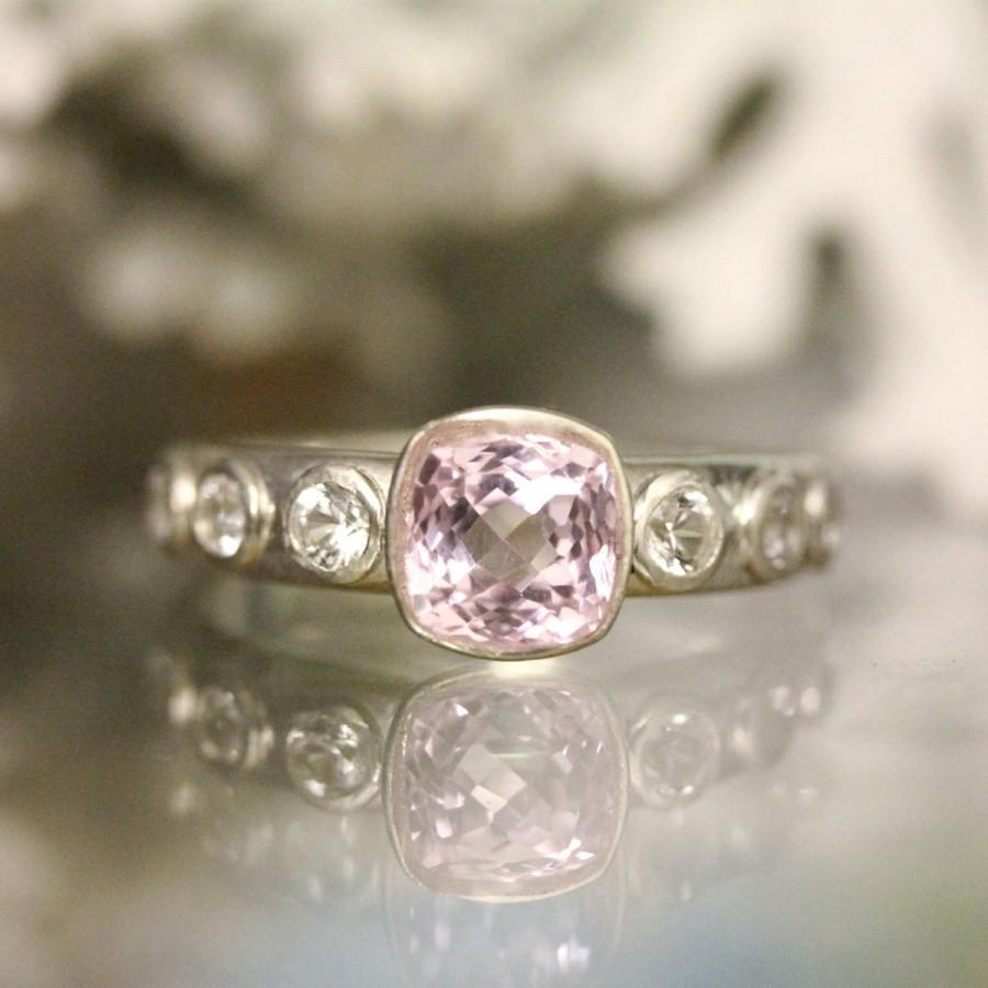 Hochzeit - Kunzite And White Sapphire Sterling Silver Ring, Gemstone Ring, Cushion Shape, Engagement Ring, Stacking Ring - Made To Order