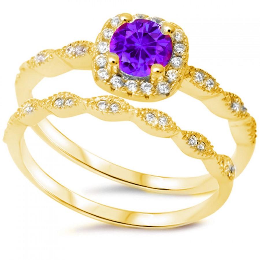 Wedding - Vintage Wedding Engagement Ring Round Purple Amethyst Clear Diamond CZ Halo Two Piece Ring Band Bridal Set Yellow Gold 925 Sterling Silver