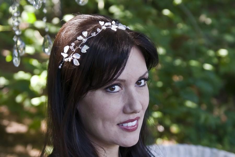 زفاف - White Bridal Head Piece with glass leaves, Hair Vine, Bridal Accessories