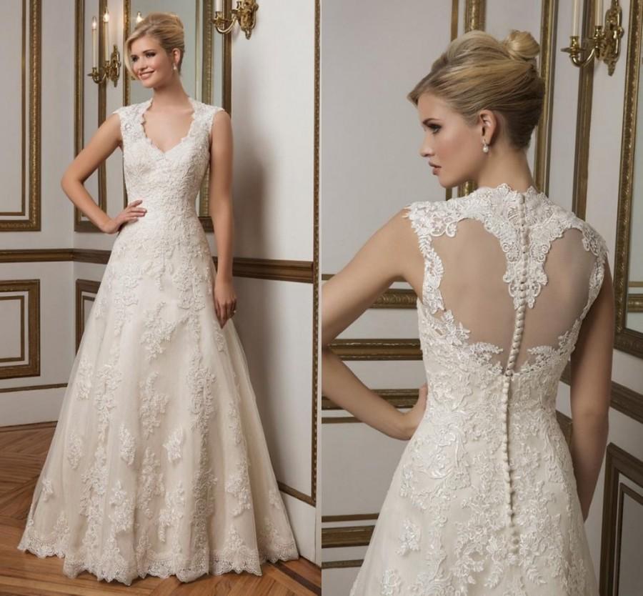 Свадьба - Modest Justin Alexander Lace Wedding Dresses 2016 Sheer Applique V-Neck Bridal Ball Dresses Gowns Chapel Train Covered Button A-Line Online with $129.06/Piece on Hjklp88's Store 