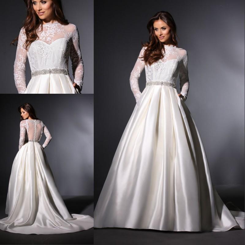 Свадьба - Elegant Sheer A-Line Wedding Dresses Satin Long Sleeve Illusion Beads Sash Crew Neck Winter 2015 Sheer Bridal Ball Gowns Chapel Train Online with $131.73/Piece on Hjklp88's Store 