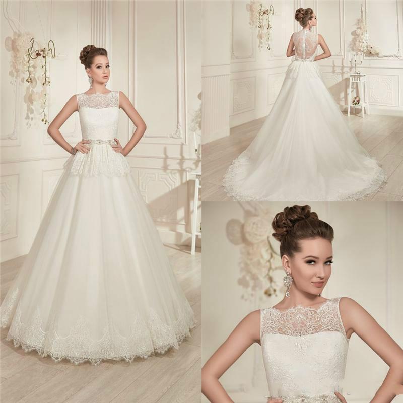 Wedding - Charming Lace Sheer Wedding Dresses A-Line 2015 Skirt Crew Neck See Through Gowns Beads Sash Chapel Train Vestido De Noiva Bridal Ball Online with $126.39/Piece on Hjklp88's Store 