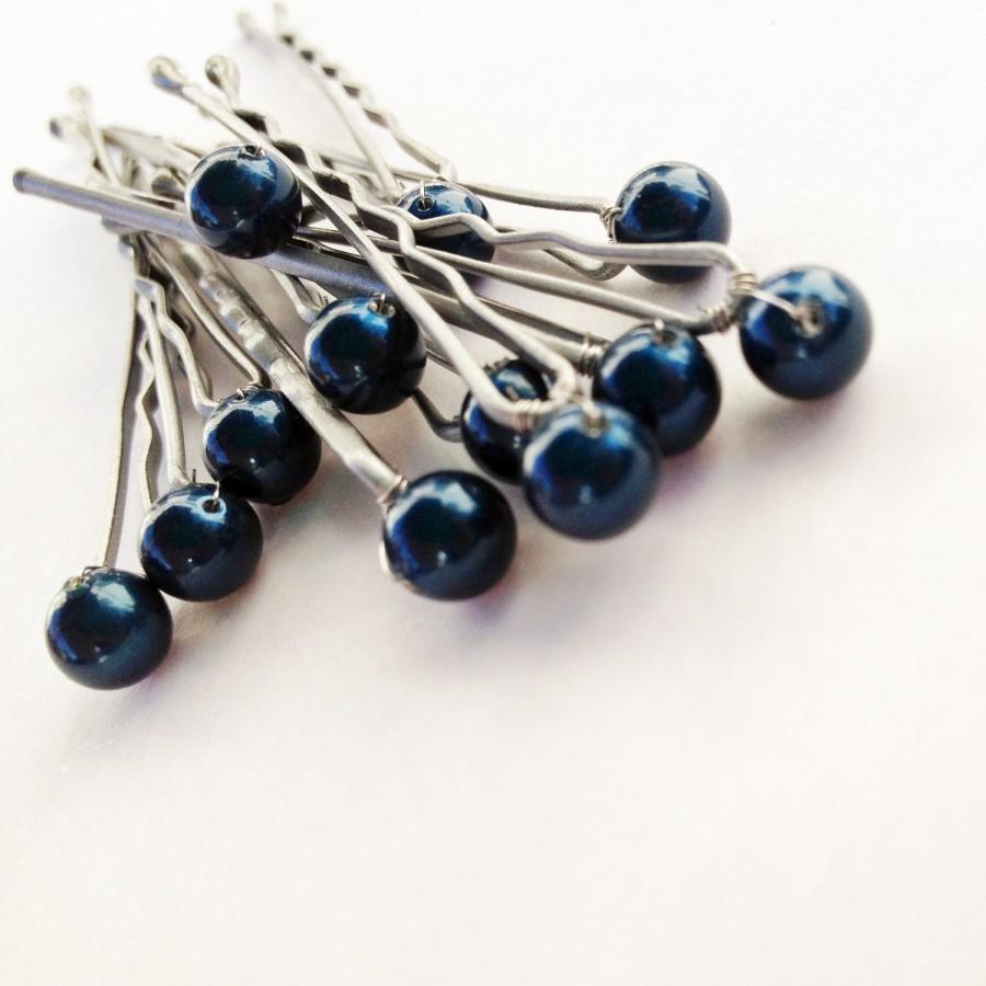 Свадьба - Navy Blue Pearl Hair Pins Swarovski  Petrol (set of 12) -- wedding hair accessory