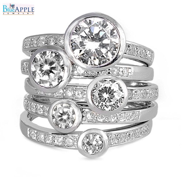 زفاف - Round  White Topaz CZ Solid 925 Sterling Silver Clear Russian Grade AAA Five 5 Stackable Ring Dazzling Diamond Accent Wedding Engagement