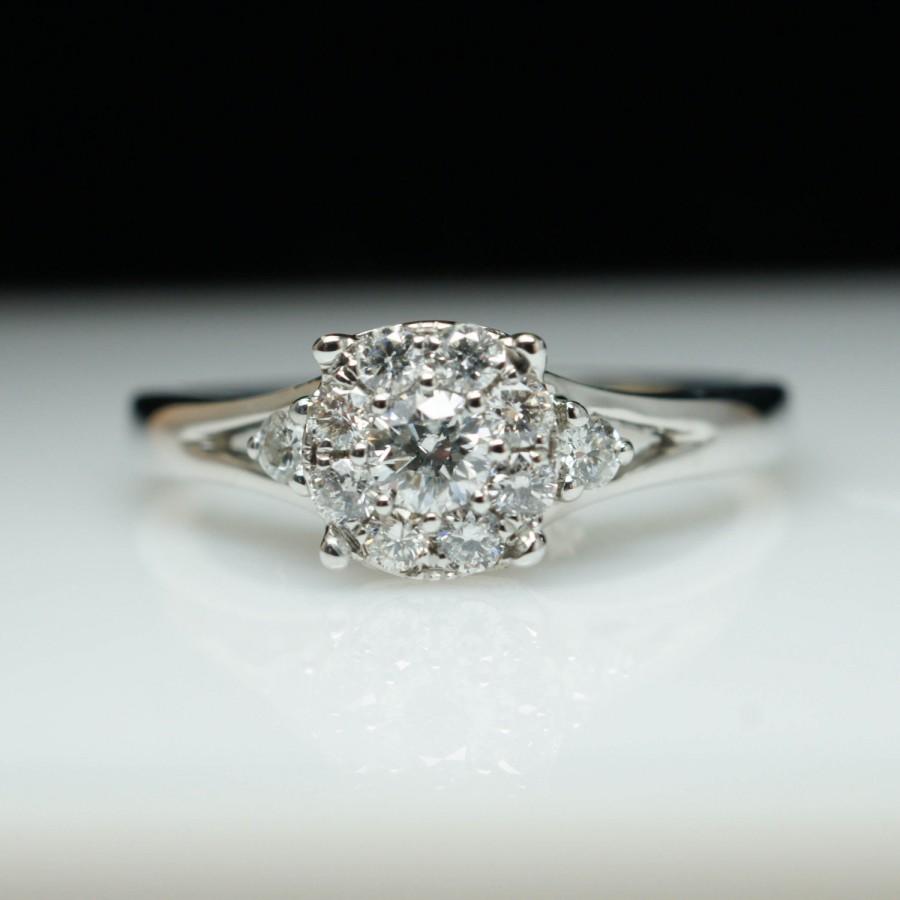 Hochzeit - Vintage Flower Cluster Diamond Engagement Ring 14k White Gold - Size 6.75 - Flower Engagement Wedding Ring