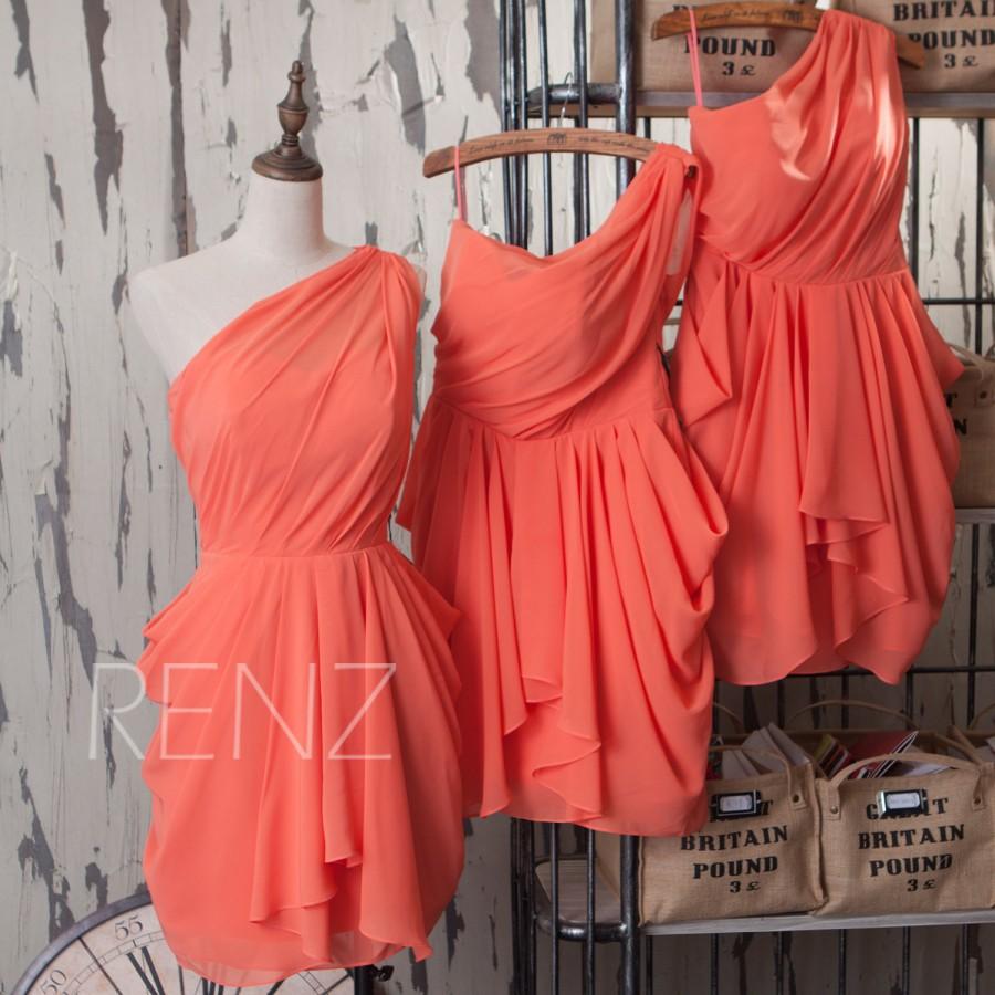Wedding - 2015 Coral Bridesmaid dress, Orange One Shoulder dress, Short Cocktail dress, Chiffon Pleated Formal dress, Draped dress knee length (T097)