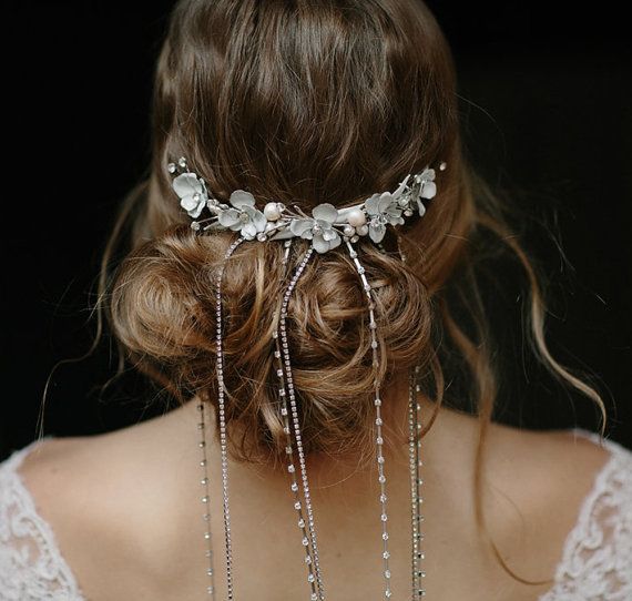 Wedding - Wedding Rhinestone Chain Veil, Decorative Comb - Falling Stars No. 2099