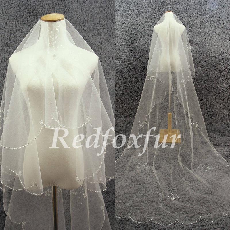 زفاف - Ivory Cathedral Veil 1 tier Bridal Veil Refinement Hand-beaded Veil Crescent edge Veil Wedding dress veil Wedding Accessories No comb