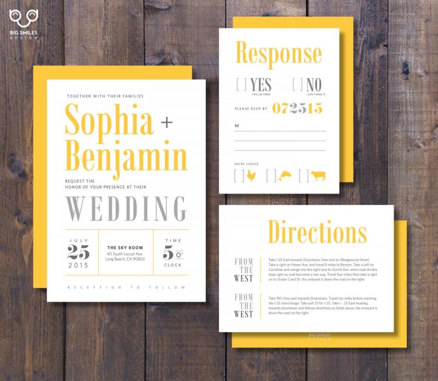 زفاف - PRINTED Wedding Invitation, RSVP, Direction Card with Envelope, Modern Yellow and Grey, Condensed Type, "Sophia" Suite