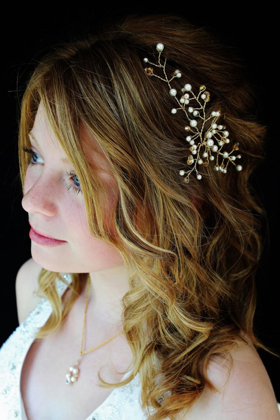 زفاف - Gold Hair Vine,Crystal Hair vine, Wedding Hair Accessories,Bridal Hair Accessories,Pearl Hair Vine,Handmade With Swarovski Crystals & Pearls