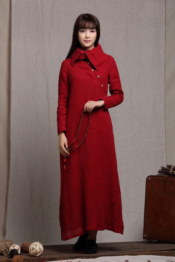Wedding - Maxi Red Dress, Draped Collar Linen Dress, Evening Dress, Long Linen Dress, Winter Dress, Large Cowl Neck and Asymmetrical front