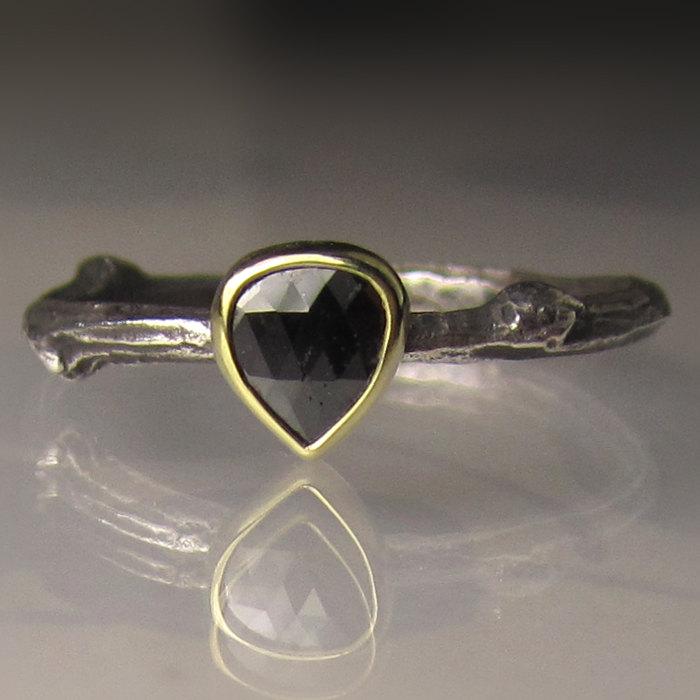Mariage - Rose Cut Black Diamond Twig Ring - 18k Gold and Sterling Silver - Engagement Ring