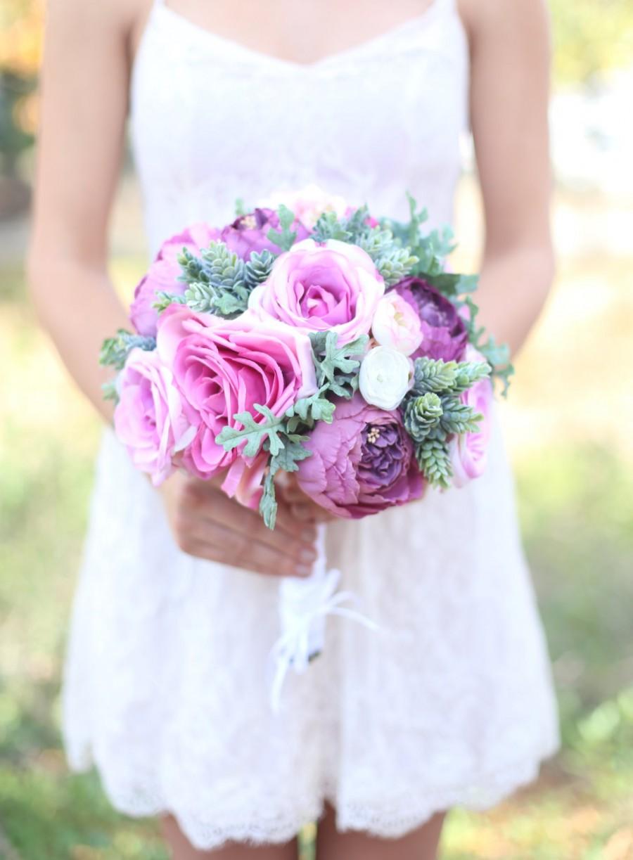 Mariage - Silk Bride Bouquet Pinks and Purples Roses and Peonies Shabby Chic Vintage Inspired Rustic Wedding Keepsake Bouquet
