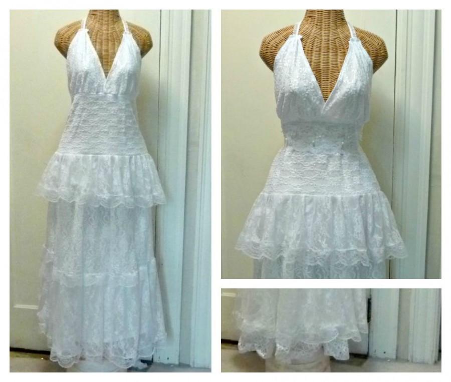Wedding - Halter Lace Wedding Dress Alternative 2 pc Size Medium Large White Unique Tiered Boho Chic Lined Bridal Romantic Womens by Savoy Faire