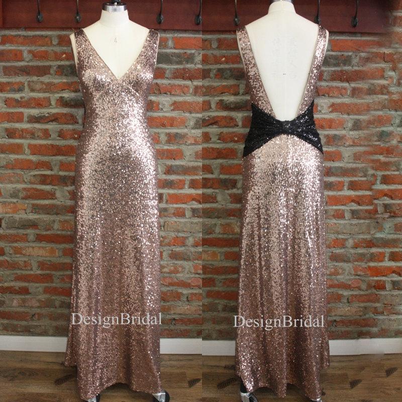 Mariage - Dark Gold Backless Sequin Dress,Sexy Bridesmaid Dress,Bridal Ball Gown,Unique Wedding Dress Sequin,Summer Bridesmaid Dress,Little Black Gown