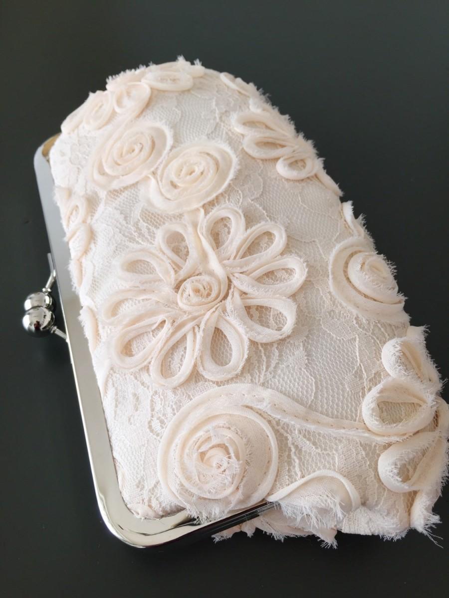 زفاف - Ivory Chiffon Lace Clutch