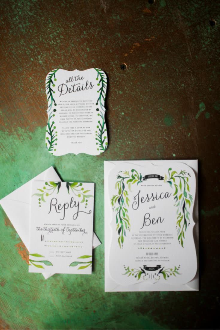 Hochzeit - Lavish Laurel - Signature White Wedding Invitations In Spruce Green 