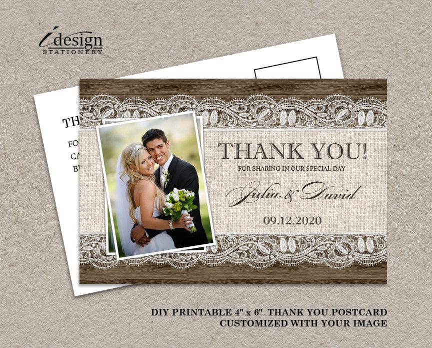 DIY Printable Rustic Wedding Thank You Photo Cards With Burlap And Lace 