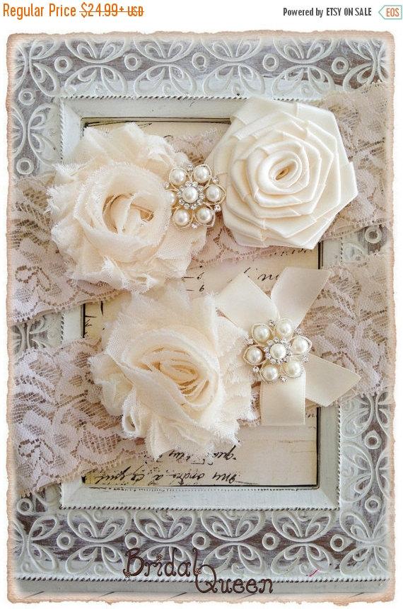 Hochzeit - ON SALE Wedding Garter, Bridal Garter, Lace Wedding garter Set, Ivory Garter Set - Ivory Lace, Cream and Ivory Flowers