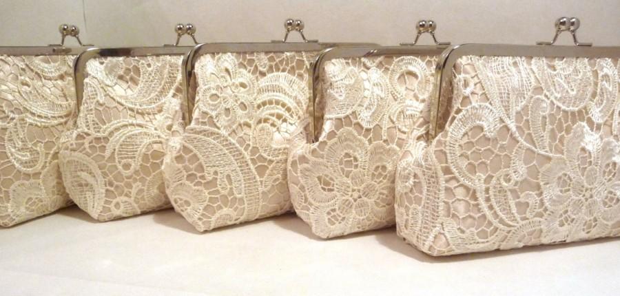 Wedding - Lace Bridesmaid Clutch Set of 5, Champagne Satin Personalized Lace Clutch, Bridesmaid Clutch Set, Lace Purse Set of 5, Eight inch Frame