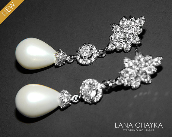 Hochzeit - White Teardrop Pearl Bridal Earrings Wedding Pearl Earrings Silver Cubic Zirconia Pearl Earrings White Shell Pearl Earrings FREE US Shipping