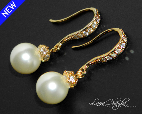 Mariage - Bridal Earrings Ivory Drop Pearl Earrings Vermeil Gold Cz Pearl Earrings Bridal Small Pearl Earrings Swarovski Pearl Gold Wedding Earrings